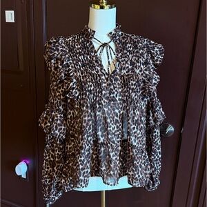 Mango Leopard Print Ruffle Blouse